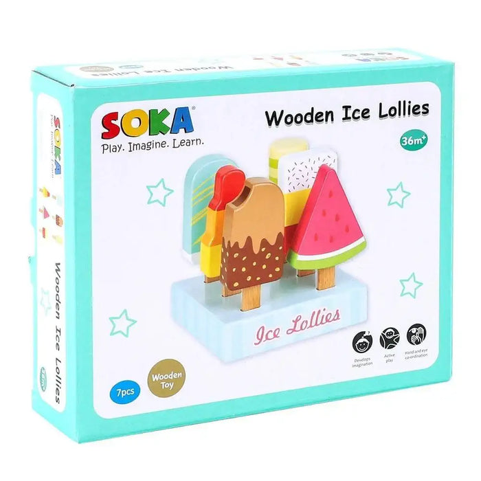 SOKA 7-piece kids wooden ice lollies playset in colorful box for pretend kitchen play