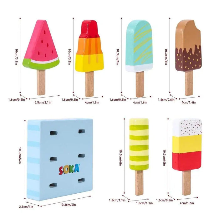 7-piece kids wooden ice cream playset with colorful pretend lollies and storage box