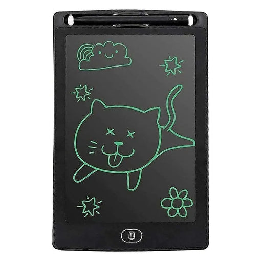 8.5 inch LCD writing tablet with green doodle of cat, stars, cloud, rainbow and flower
