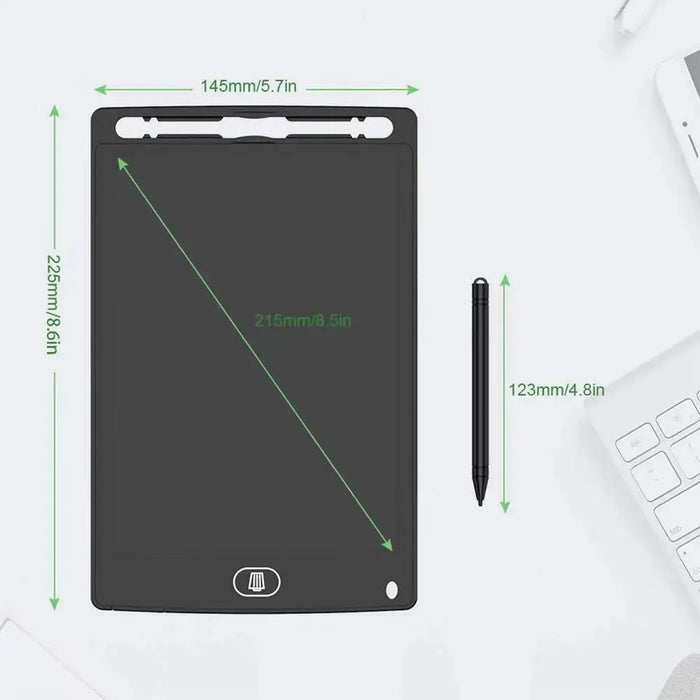 8.5-inch LCD writing tablet with stylus, pressure-sensitive screen, size dimensions shown