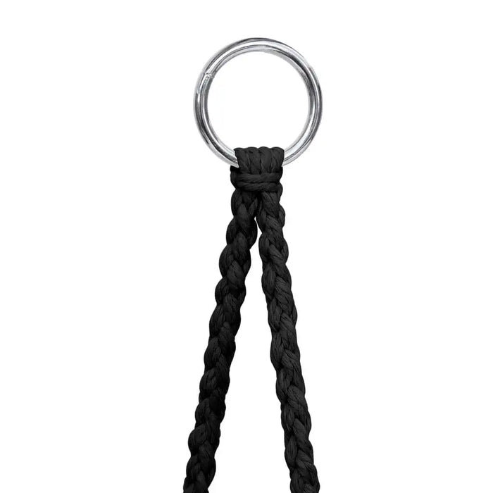 Close-up of braided black rope and metal ring for hammock swing chair hanging