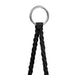 Close-up of braided black rope and metal ring for hammock swing chair hanging