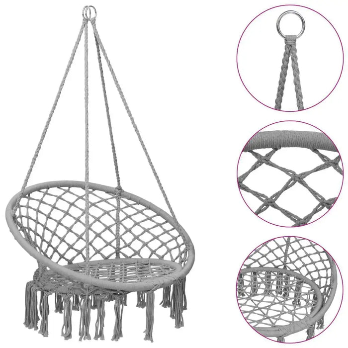 Grey 80cm hammock swing chair with adjustable ropes, tassel edge, and netted seat design.