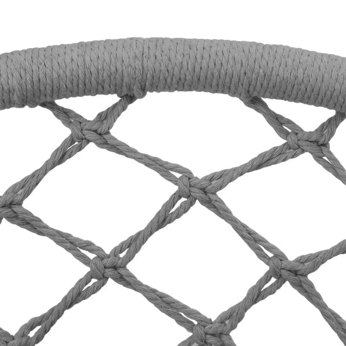 Close-up of grey hammock swing chair with durable rope net design.
