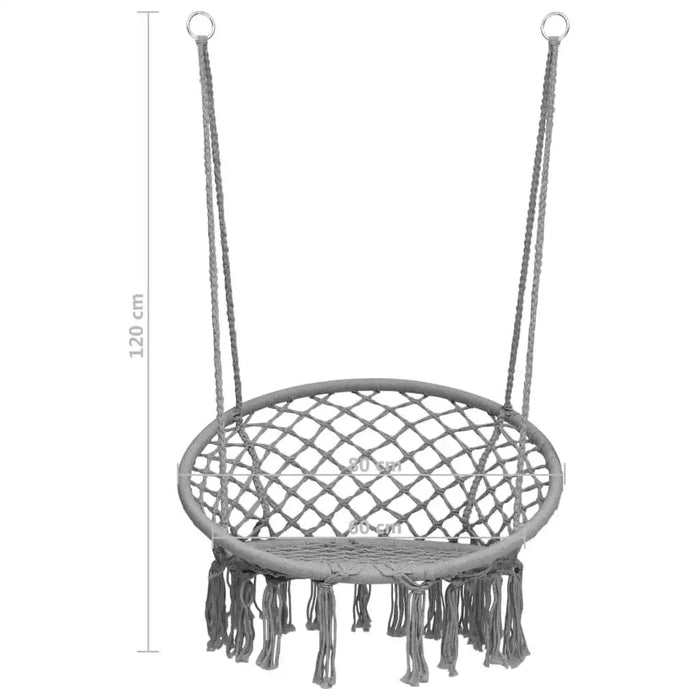 Grey hammock swing chair with tassels, round net seat, adjustable ropes, 80cm diameter