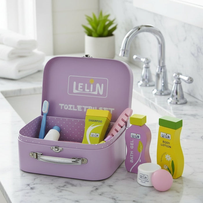 Kids wooden toiletry set with purple case, toy shampoo, lotion, bath gel, and grooming accessories