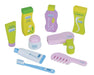 9-piece wooden kids toiletry set with shampoo, lotion, toothpaste, brush, and comb