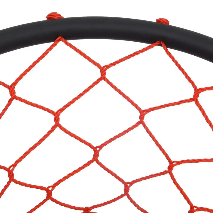 Close-up of red rope net and black circular frame on a 90cm web swing chair