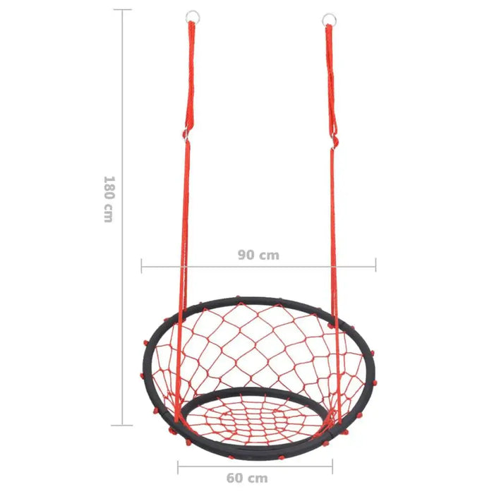 Red and black 90cm web swing chair with adjustable ropes, dimensions labeled