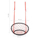 Red and black 90cm web swing chair with adjustable ropes, dimensions labeled