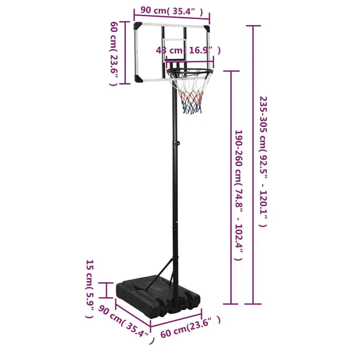 Adjustable basketball stand with polycarbonate backboard and triangular base, size labeled