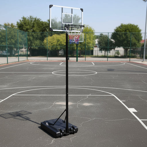 Adjustable basketball stand with polycarbonate backboard on outdoor court