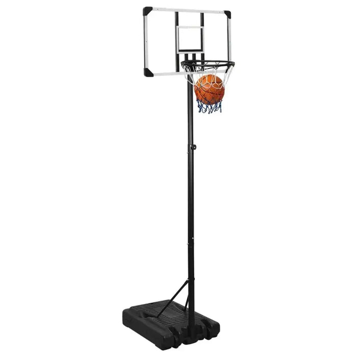 Adjustable basketball stand with polycarbonate backboard, triangular base, and basketball