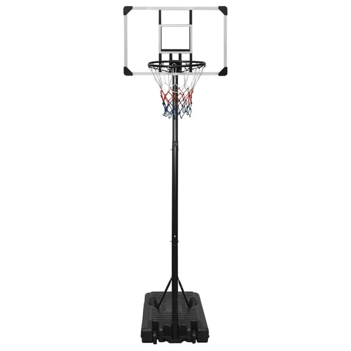 Adjustable basketball stand with polycarbonate backboard and triangular base on white background