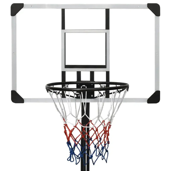 Adjustable basketball hoop with polycarbonate backboard and red, white, blue net