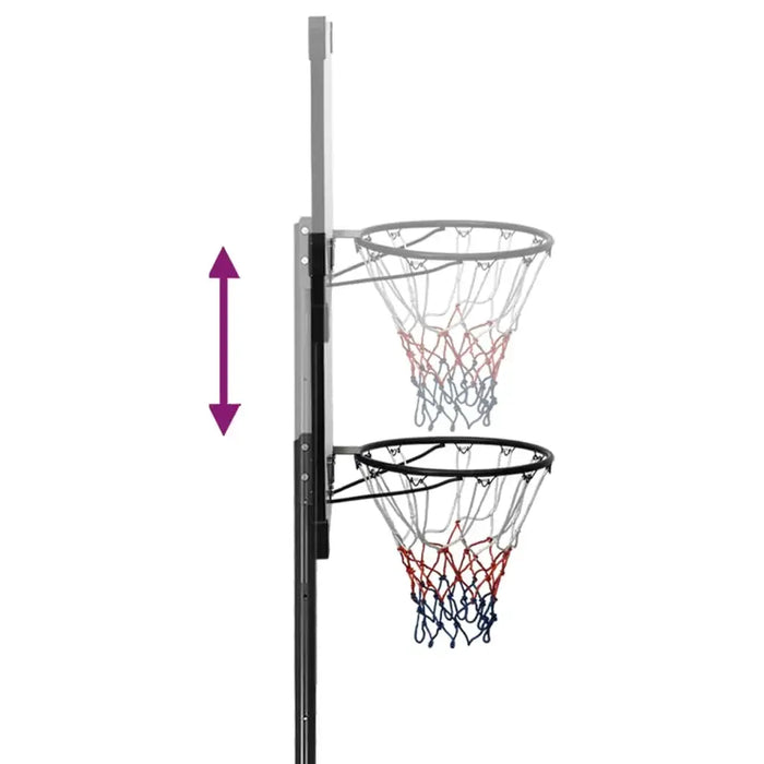 Adjustable basketball stand with height options and red, white, blue net on white background