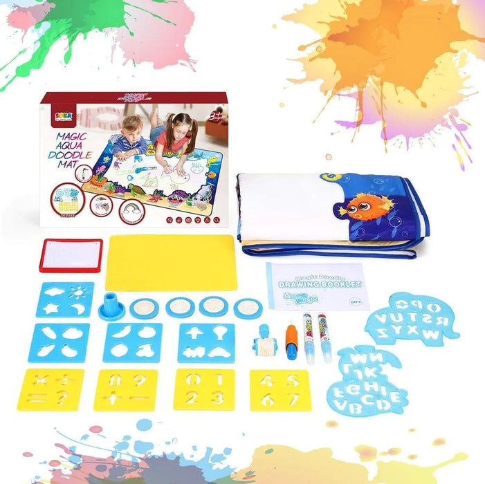 Magic aqua doodle mat kit with stencils, aqua pens, booklet and folded drawing mat
