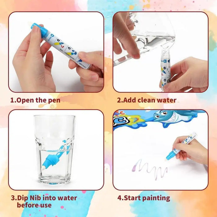 Step-by-step guide for using a water drawing magic pen on an aqua doodle mat for kids