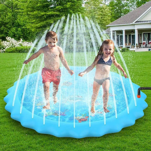 Kids playing on blue aquatic splash play mat with sprinkler jets outdoors on grass