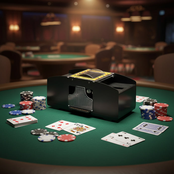 Automatic card shuffler on poker table with playing cards and chips, casino setting