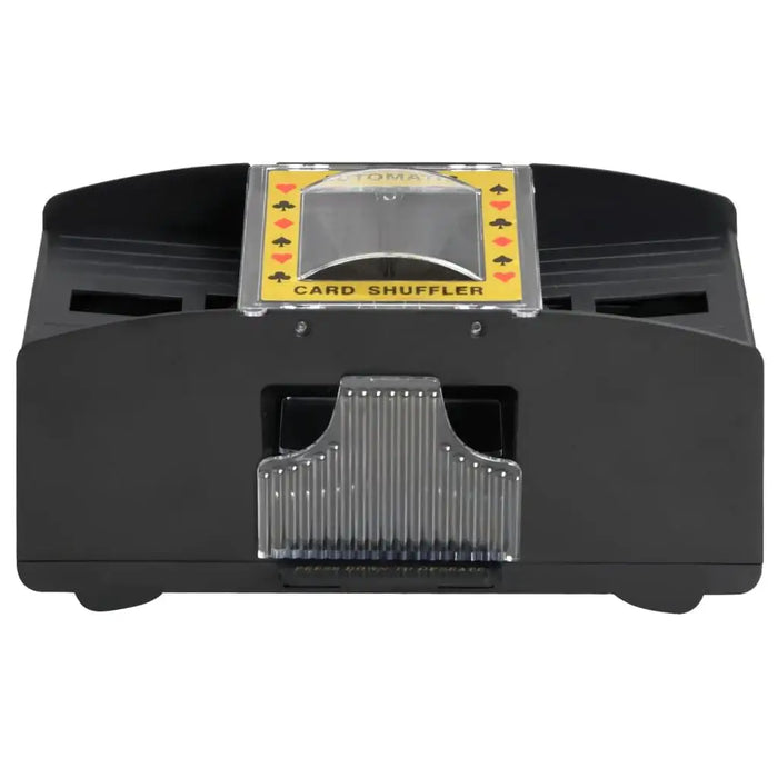 Automatic battery-powered card shuffler for poker and bridge games, black plastic body