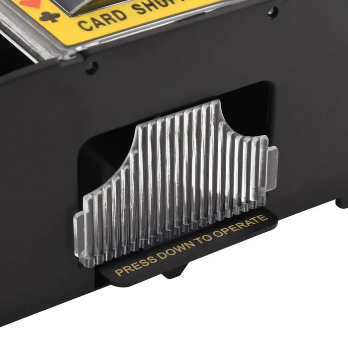 Automatic card shuffler with clear tray and press down to operate button, close-up view
