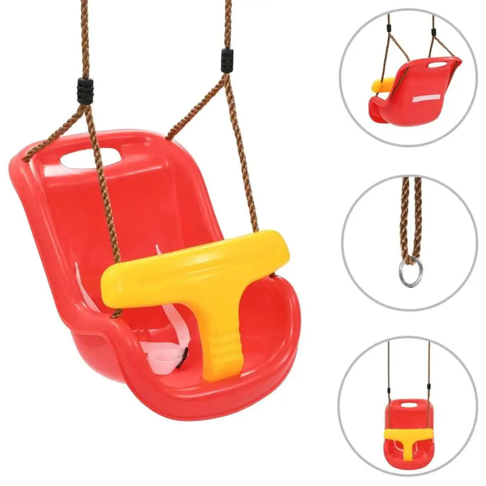 Red and yellow baby safety swing with seat belt and safety bar, hanging on brown ropes