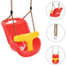 Red and yellow baby safety swing with seat belt and safety bar, hanging on brown ropes