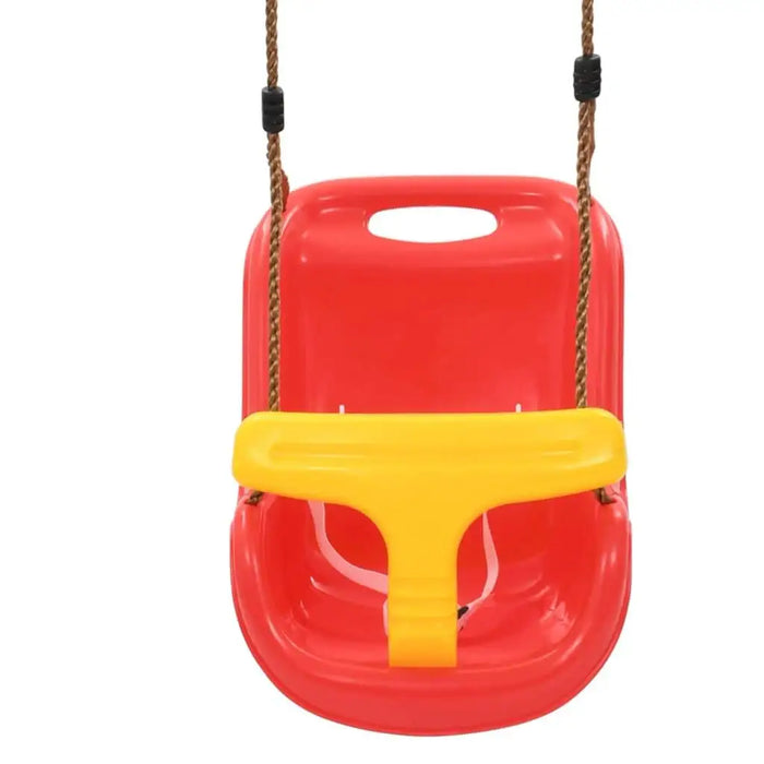 Red and yellow baby safety swing with safety bar and brown rope hangers