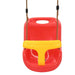 Red and yellow baby safety swing with safety bar and brown rope hangers