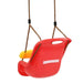 Red and yellow baby safety swing with safety bar and ropes, hanging against white background