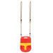 Red and yellow baby safety swing with safety bar and ropes, hanging against white background