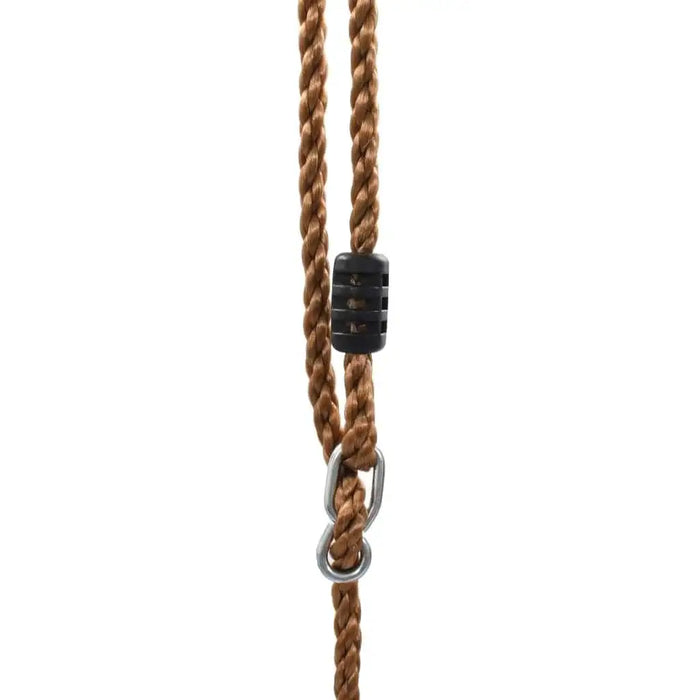 Brown swing rope with metal ring and black plastic adjuster, close-up on white background