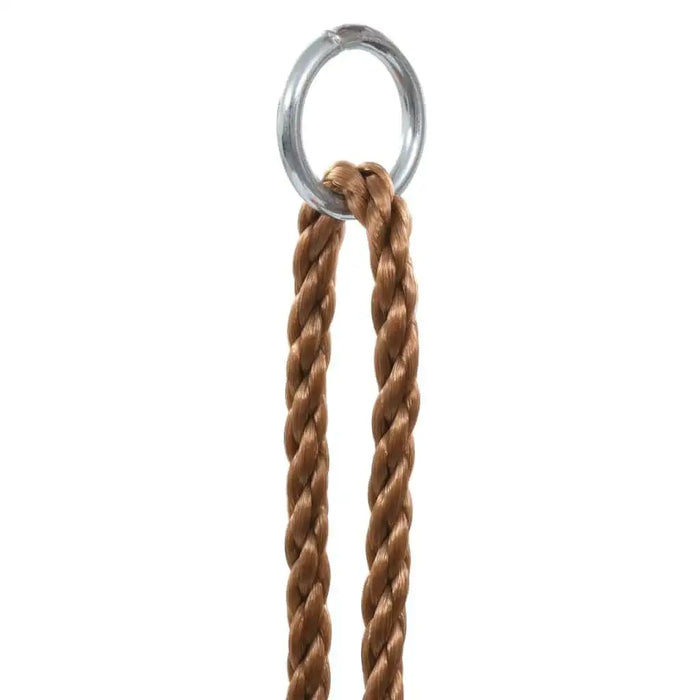 Close-up of brown twisted rope swing hanging from a metal ring.