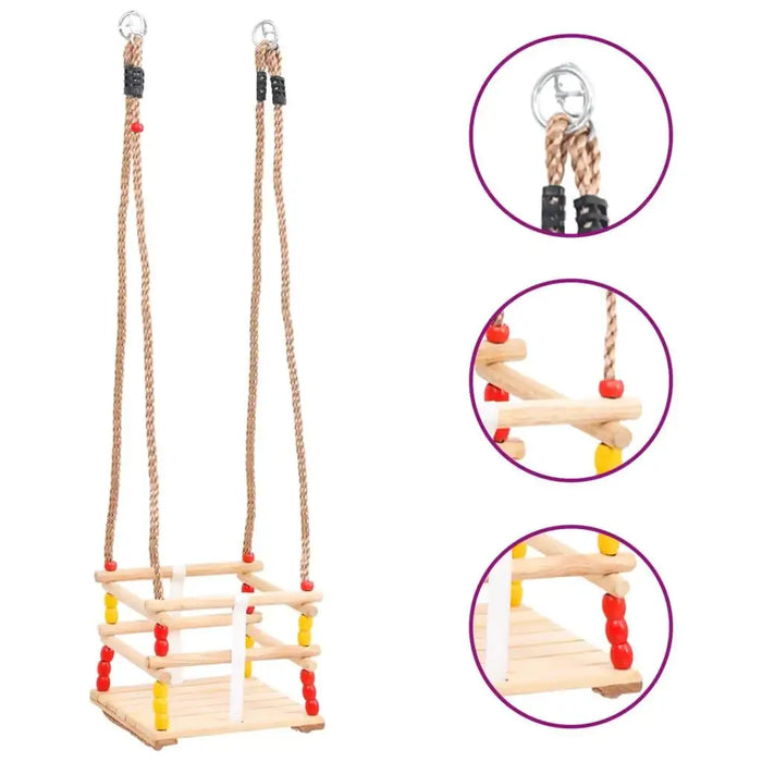 Baby swing made of solid pinewood with red and yellow wooden beads and thick ropes.