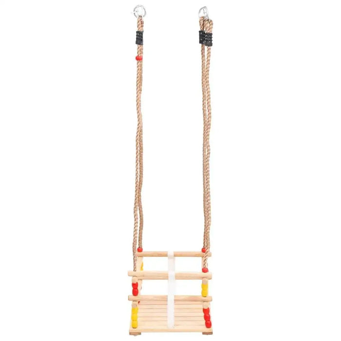 Solid pinewood baby swing with red and yellow wooden beads and sturdy rope handles