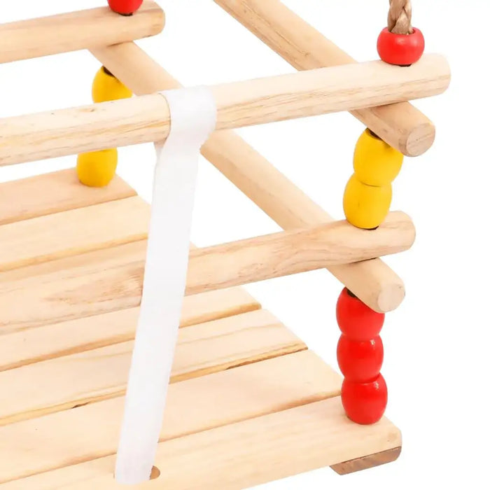 Solid pinewood baby swing with red and yellow wooden beads and white safety strap