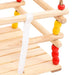 Solid pinewood baby swing with red and yellow wooden beads and white safety strap