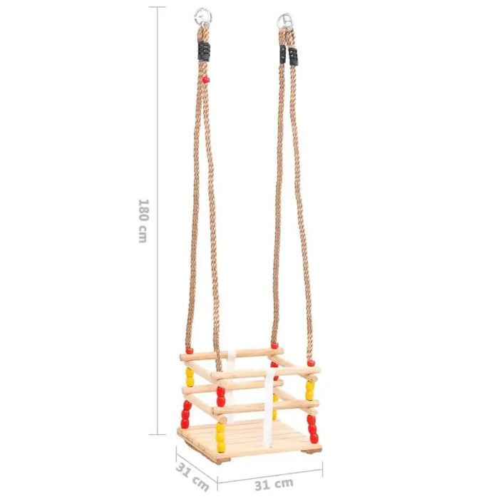 Solid pinewood baby swing with red and yellow wooden beads, rope handles, and size dimensions