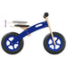Blue and black balance bike with adjustable seat, plywood frame, and large wheels