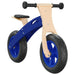 Blue and black balance bike with plywood frame, adjustable seat and handlebar