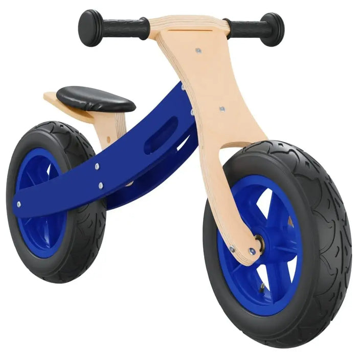Blue and black balance bike with plywood frame, adjustable seat, and handlebar