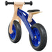 Blue and black balance bike with plywood frame, adjustable seat and handlebar, white background