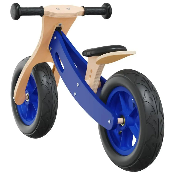 Blue and black balance bike with plywood frame, adjustable seat and handlebar