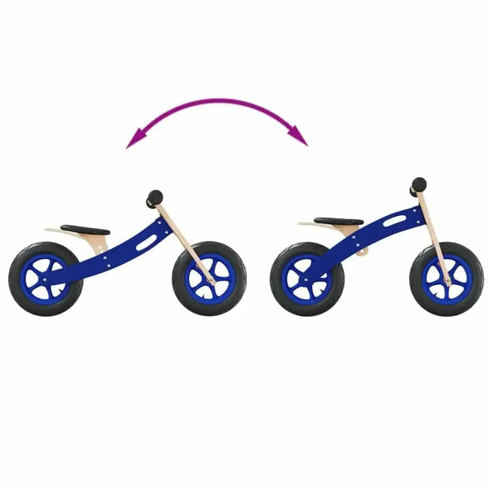 Blue and black balance bike with plywood frame, adjustable seat and handlebar, on white background