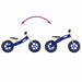 Blue and black balance bike with plywood frame, adjustable seat and handlebar, on white background