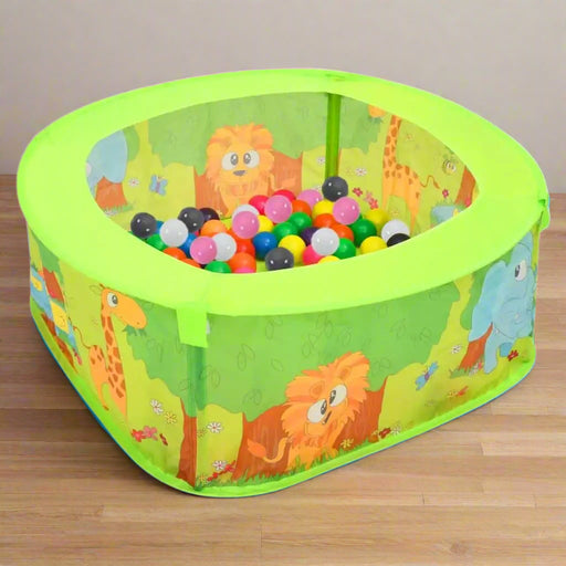 Kids' animal-themed ball pool with 300 multicolor balls and foldable sides on wooden floor