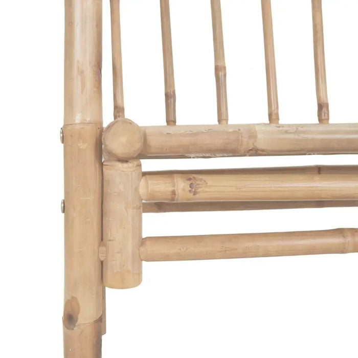 Close-up of weather-resistant bamboo bench frame with vertical and horizontal slats