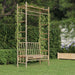 Bamboo garden bench with pergola trellis and climbing plants in a lush backyard