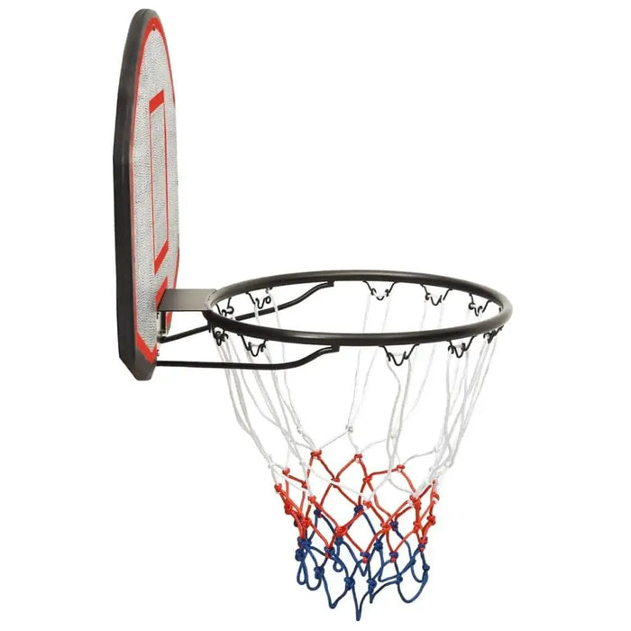Wall-mounted basketball backboard with steel rim and red, white, blue net